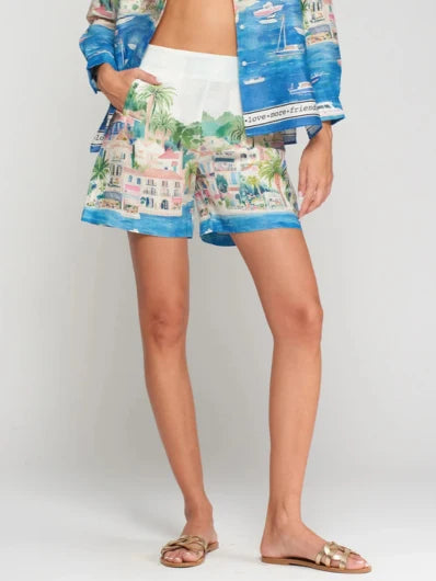 Vilagallo Tea Puerto Print Linen Shorts