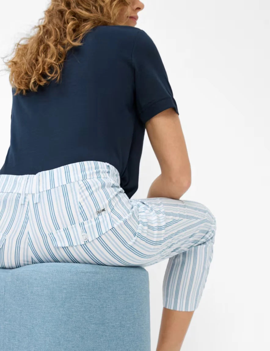 Brax  -Mara Dark Blue, light Blue and White Stripe 7/8 Pants