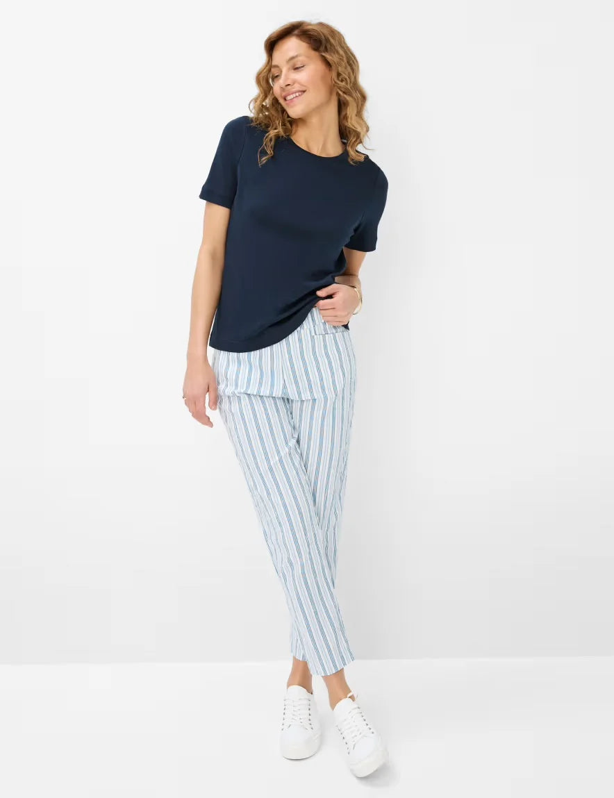 Brax  -Mara Dark Blue, light Blue and White Stripe 7/8 Pants