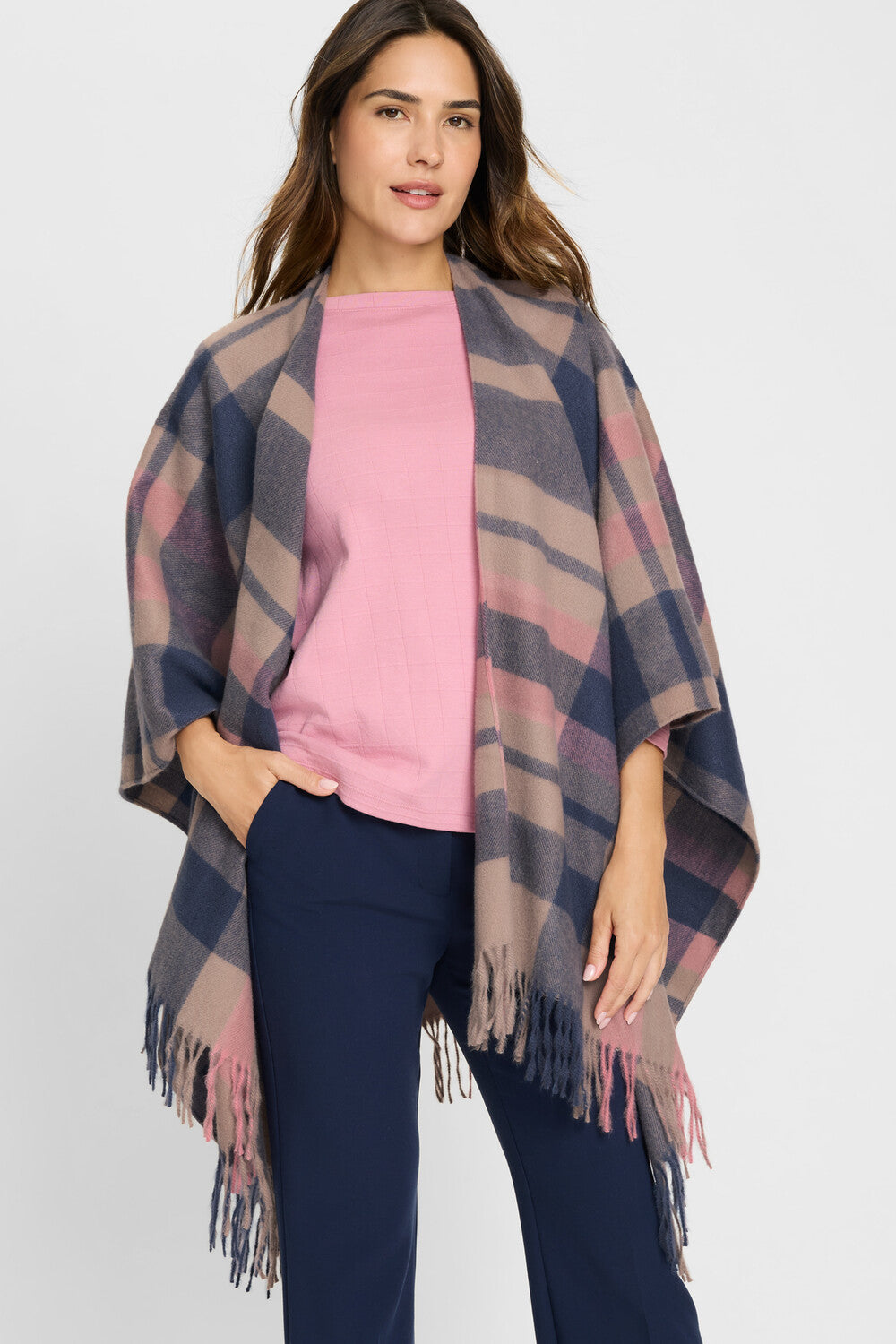 Olsen Tartan Poncho - Vintage Pink