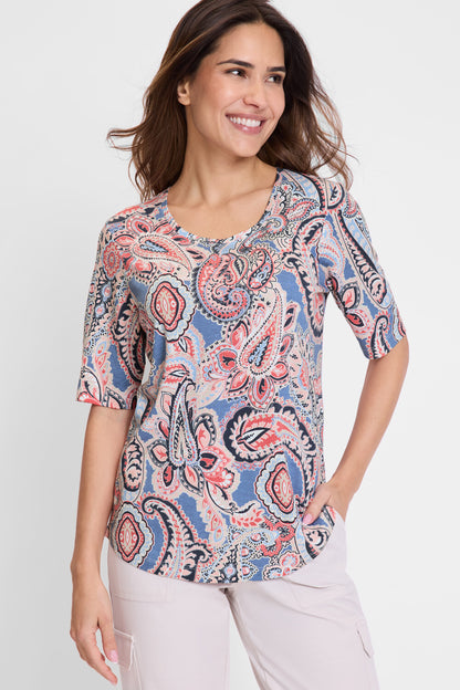 Olsen-Blue and Coral Paisley T-Shirt