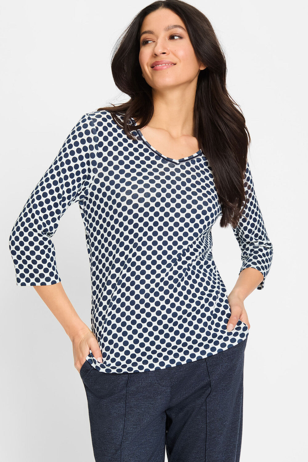 Olsen- 3/4 Spot Cotton T-shirt -navy and white