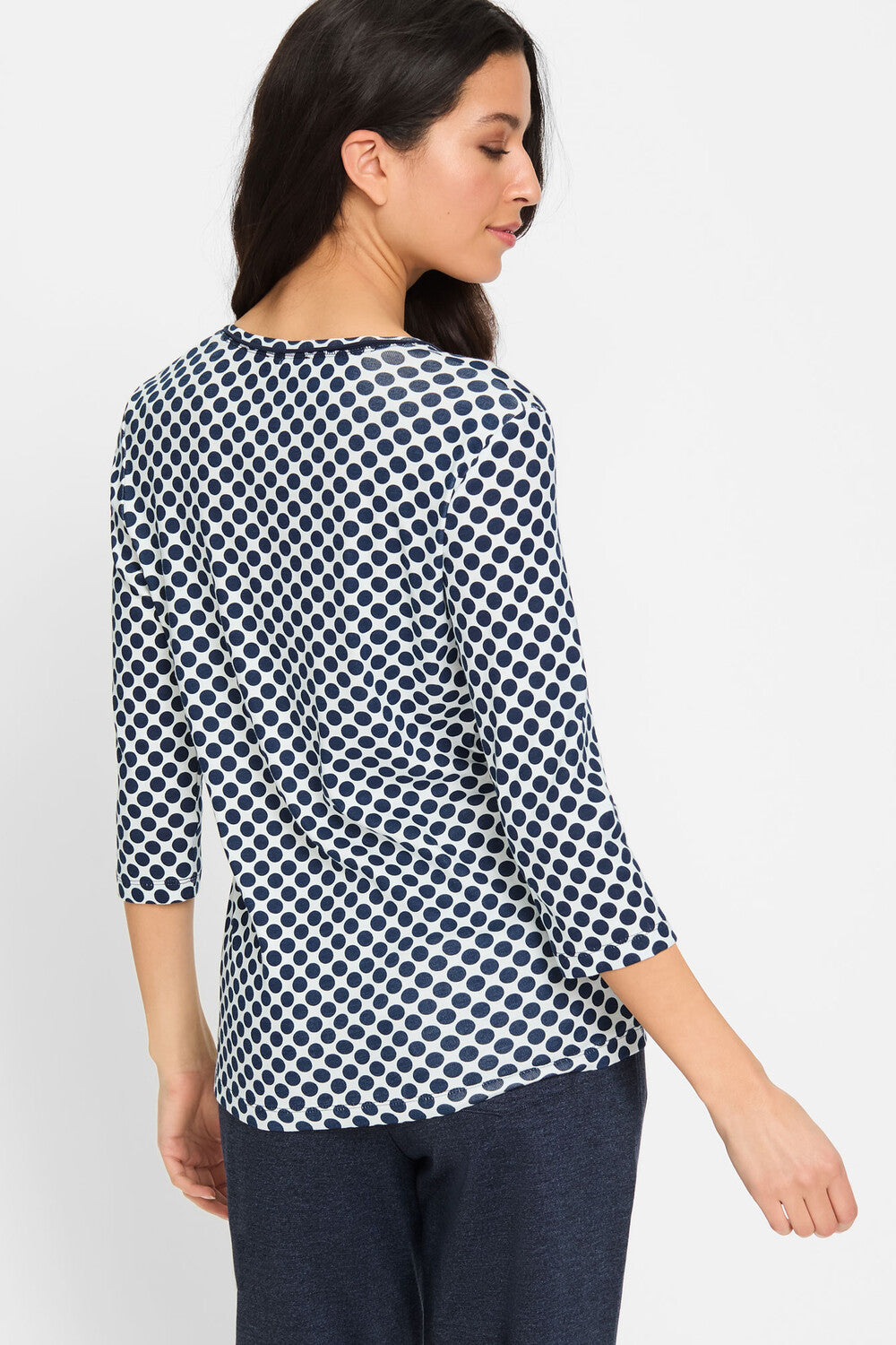 Olsen- 3/4 Spot Cotton T-shirt -navy and white